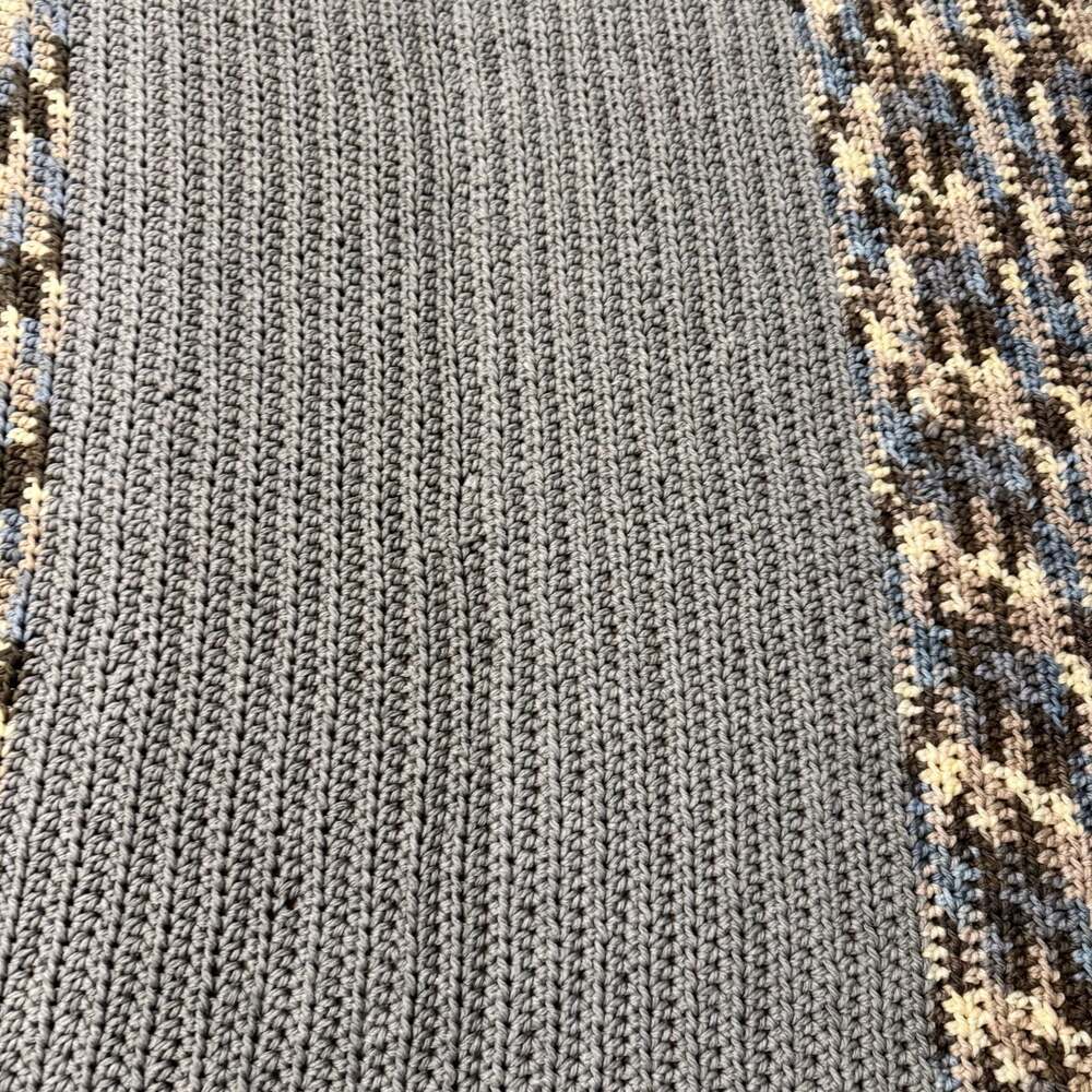 Handmade Crochet Afghan Blanket Blue Grey and Cream Striped Rectangular Throw - Picture 2 of 3